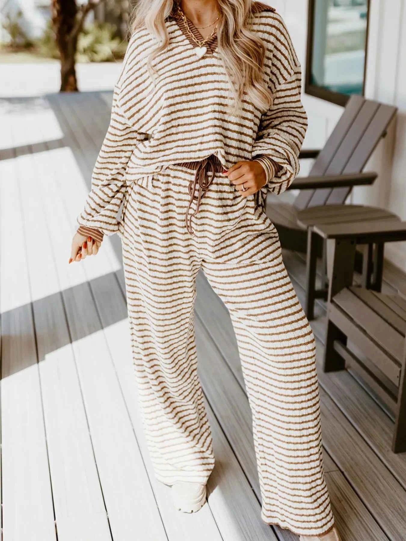 Stripe Collared Top and Drawstring Pant Set Khaki Stripe e229a363944840aca969e02f38f8a0f1-Max-Origin
