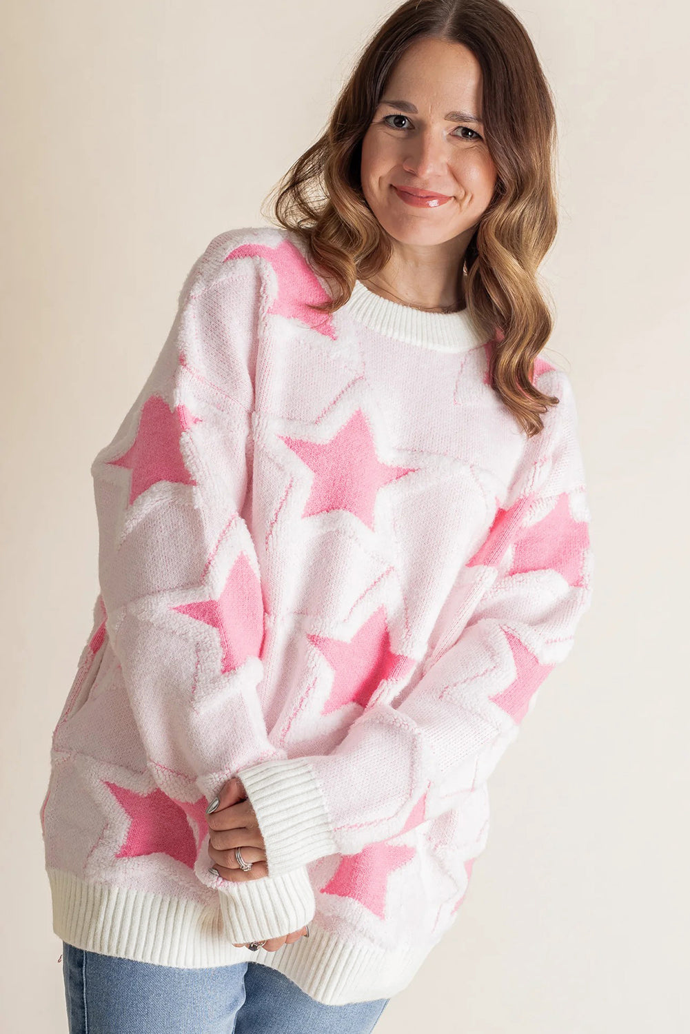 Sachet Pink Star Pattern Drop Sleeve Loose Sweater e2380ff37c539864