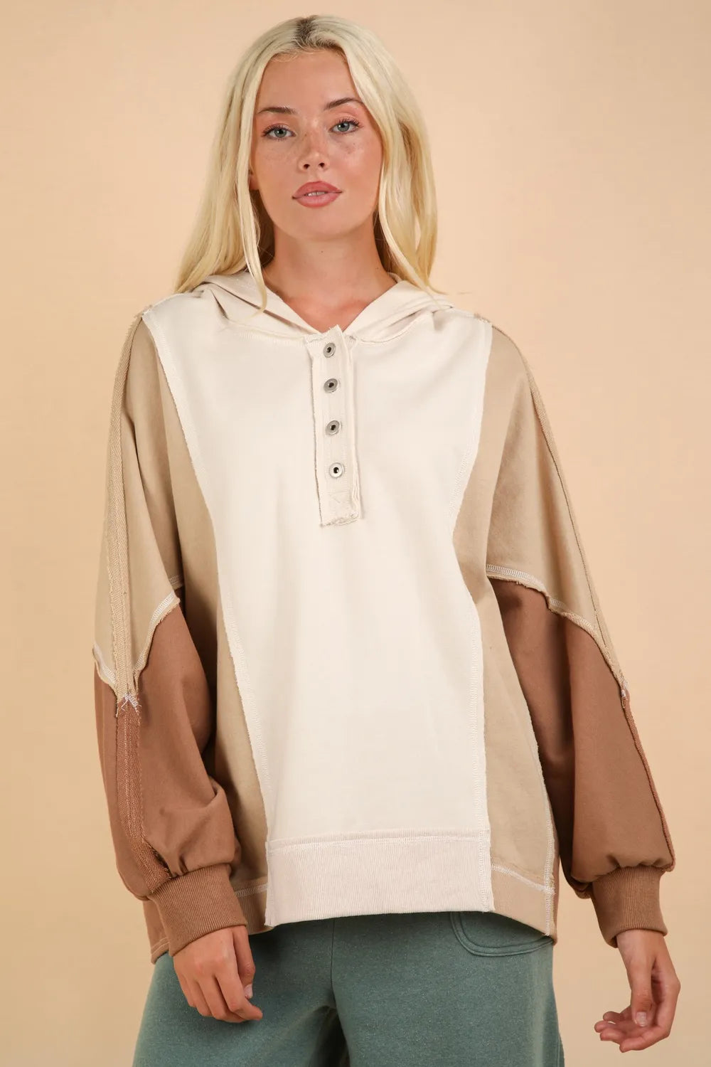 VERY J Exposed Seam Color Block Half Button Hoodie Coconut Milk e2384e85-9204-4df1-881d-98d60152ef95-Max