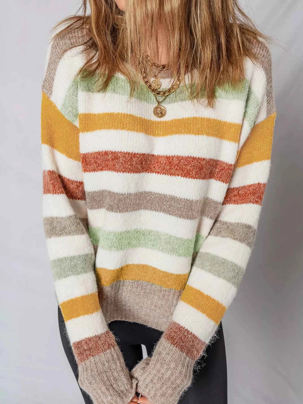 Multicolour Stripe Drop Shoulder Crew Neck Sweater e23ecd86f1084b959c076cadae361479-Max-Origin