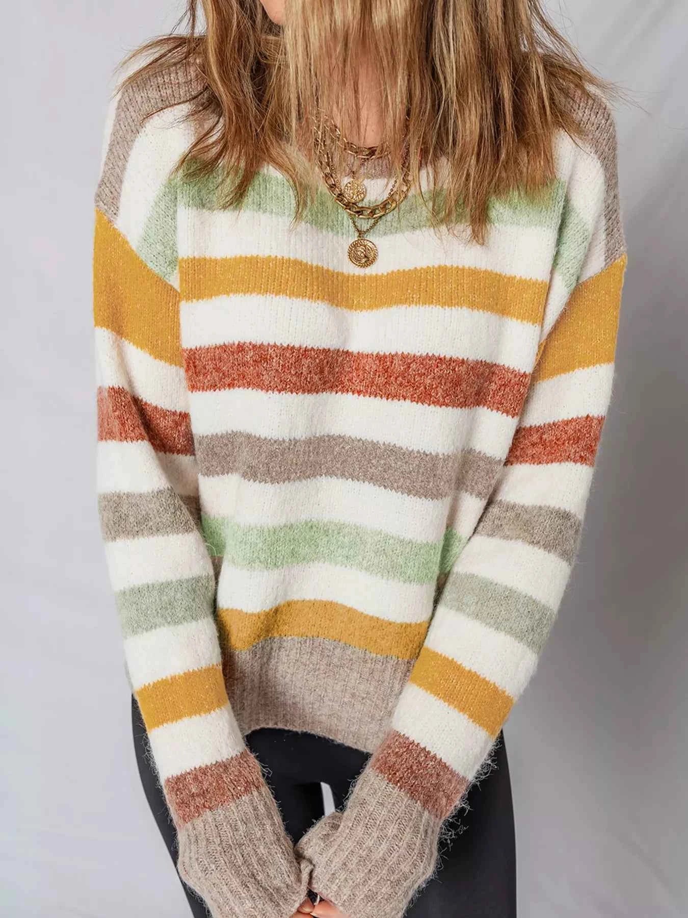 Multicolour Stripe Drop Shoulder Crew Neck Sweater e23ecd86f1084b959c076cadae361479-Max-Origin