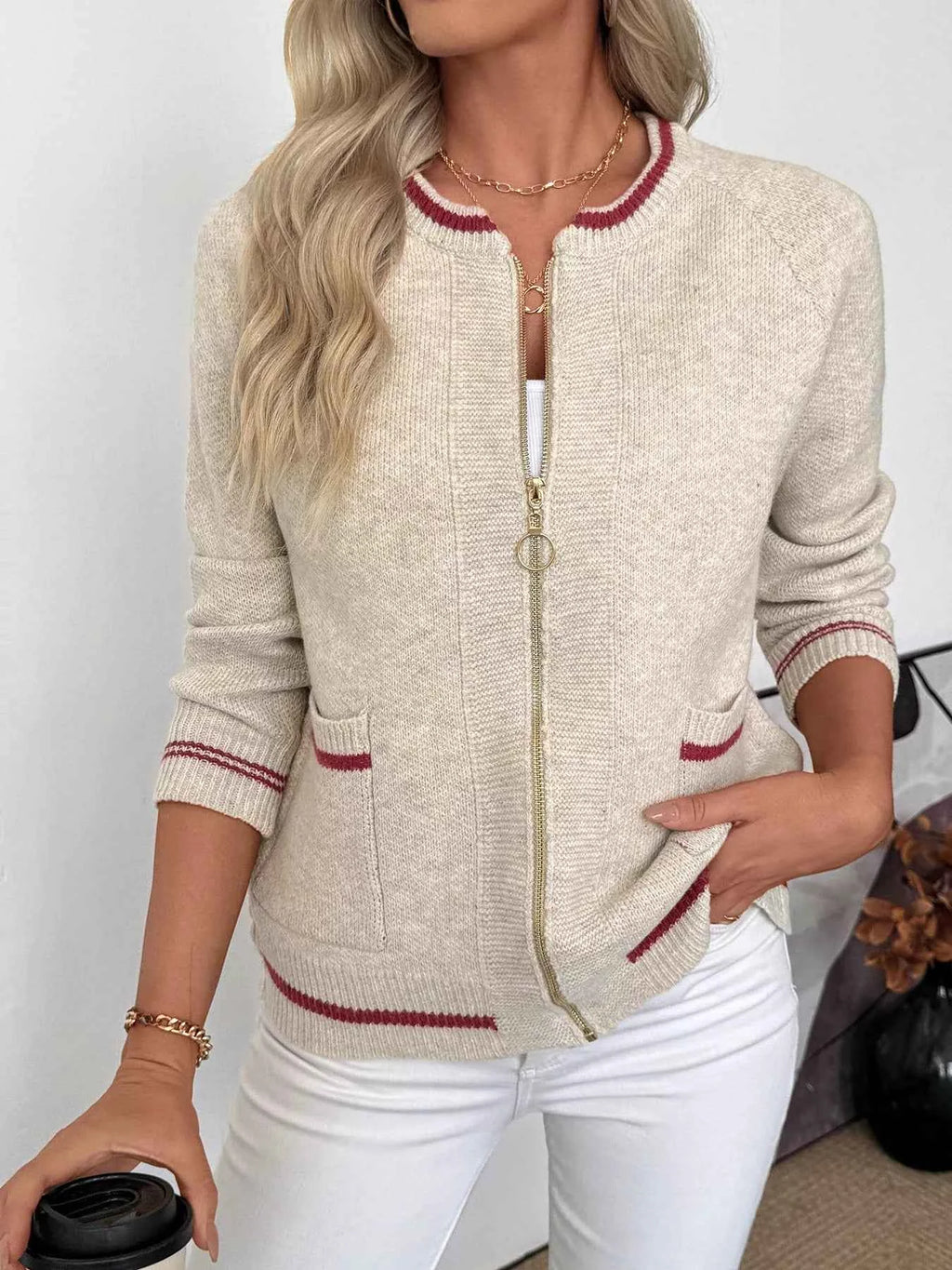 Zip Up Contrast Trim Cardigan e250af12754d40a49f374cef6c3e4eae-Max-Origin