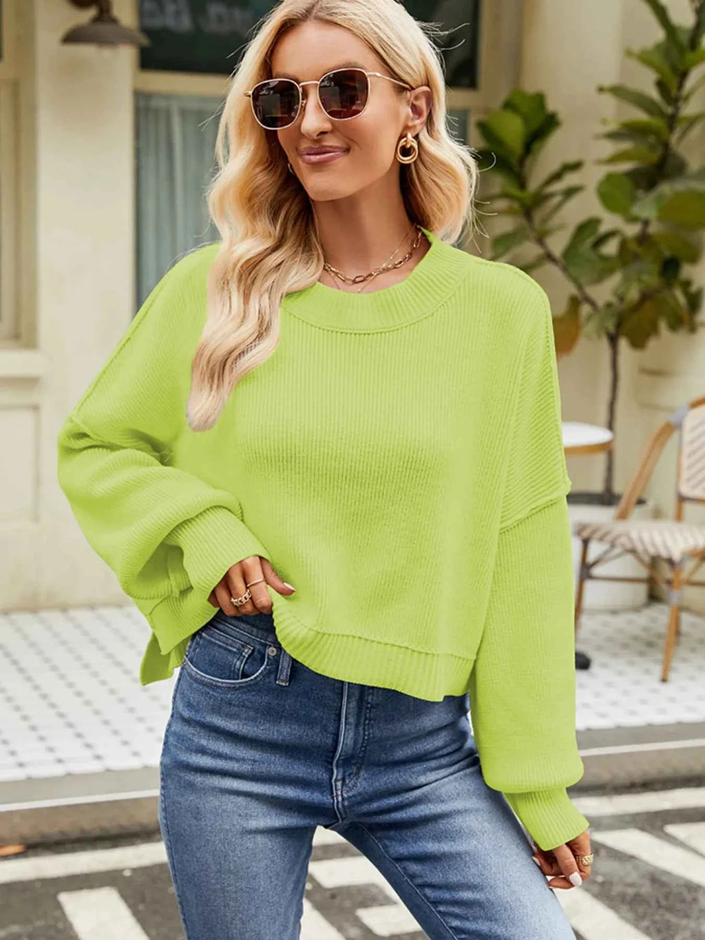 Round Neck Long Sleeve Sweater Lemon Yellow e25fe9fb9ef74cf4bc455aaa5cbd6301-Max-Origin