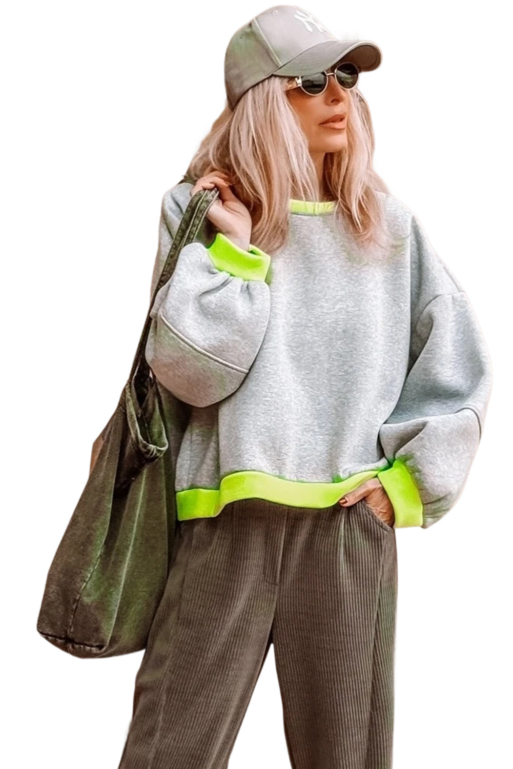Light Grey Contrast Color Patchwork Drop Sleeve Loose Sweatshirt e280758dd9f3155f