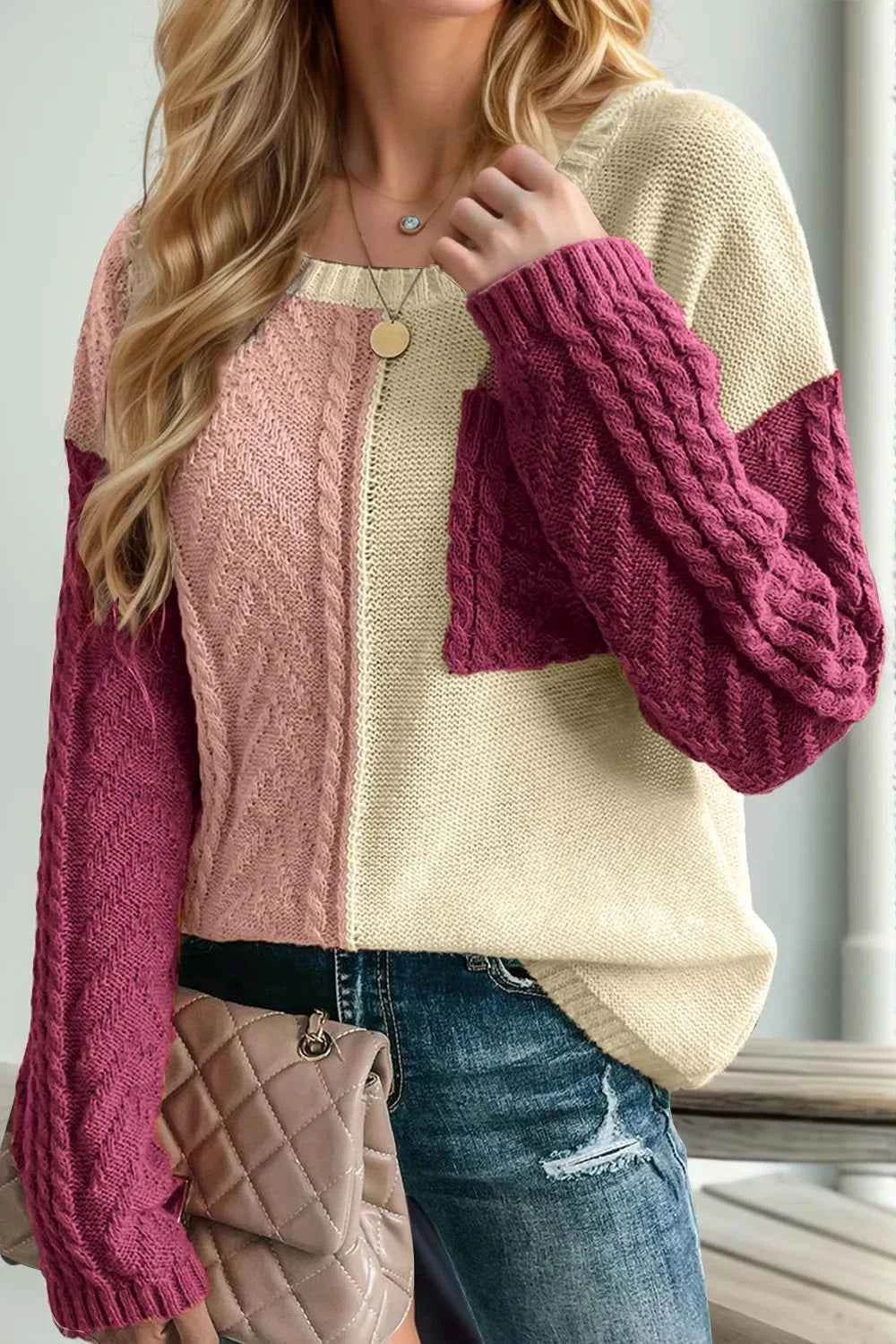 Double Take Full Size Color Block Drop Shoulder Sweater Red-Violet e29a1547-85c2-4465-a87d-1c86a80336c3-Max