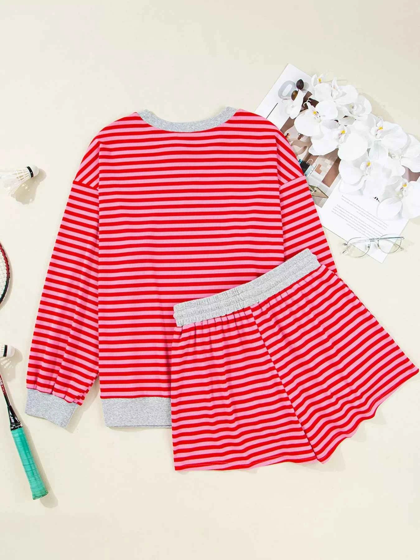 Stripe Drop Shoulder Baggy Top and Shorts Casual Set e2a031e986234f96a465523f7e13d4f5-Max-Origin