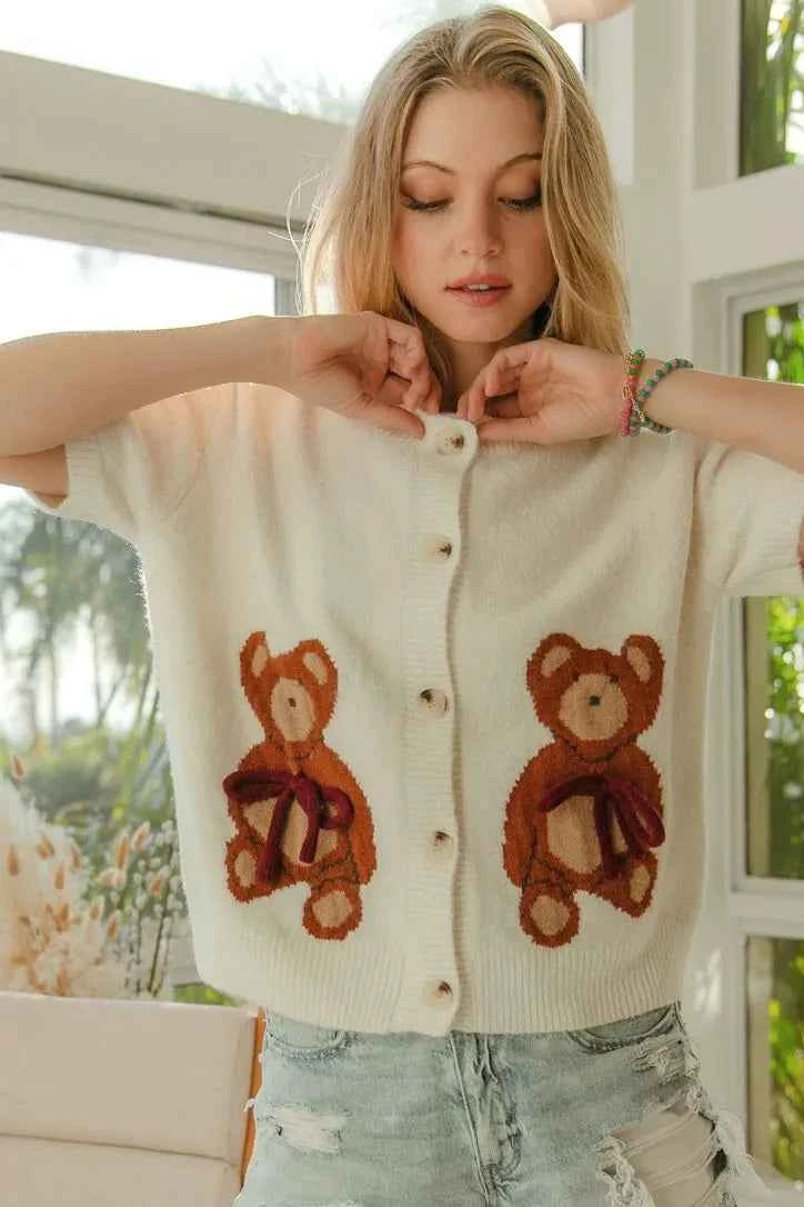 BiBi Teddy Bear With Bow Patched Sweater Button Down Top e2a0f25ce0bf4f7e822ac0a4bf057ecd-Max-Origin