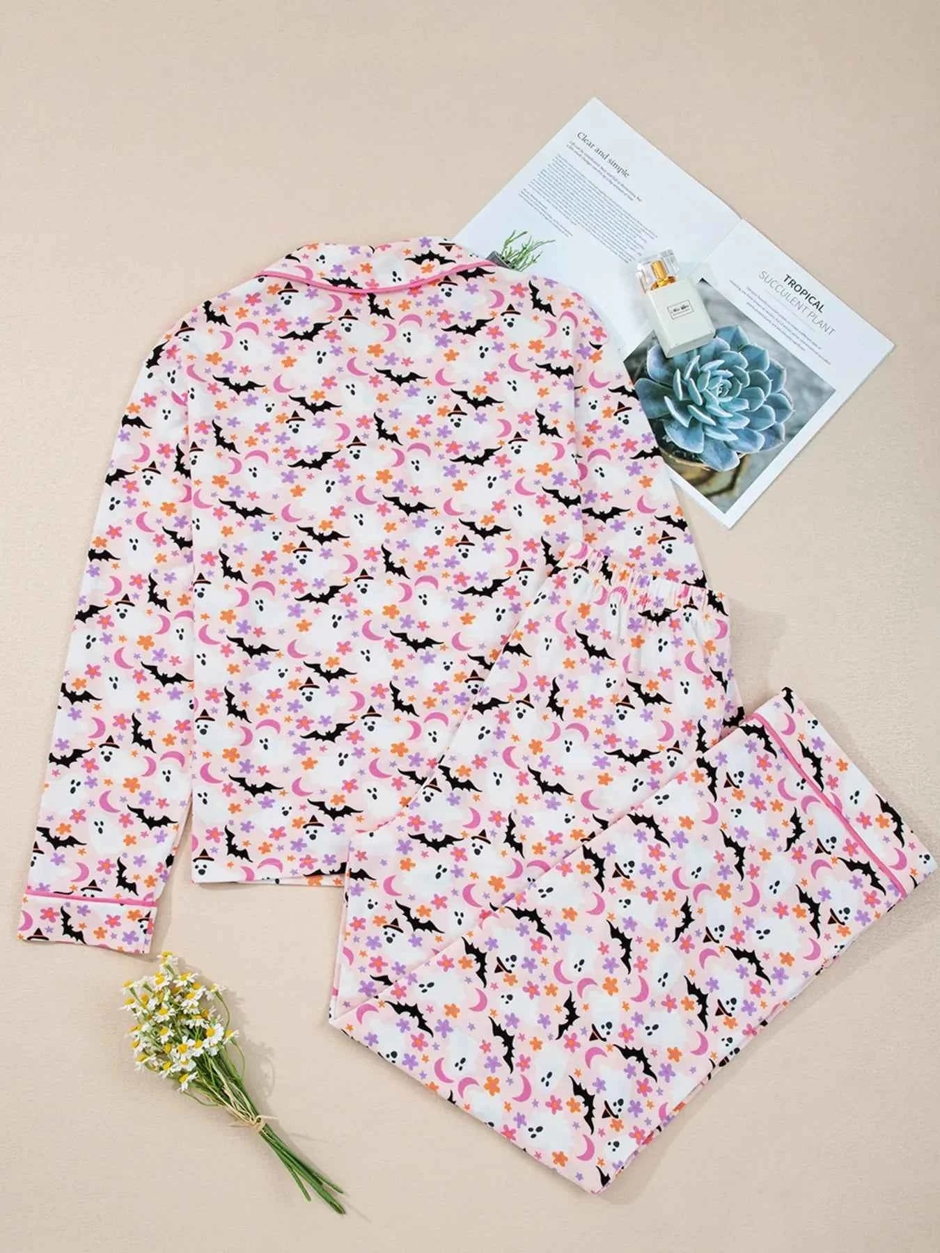 Halloween Ghost Print Button Up Top and Pants Lounge Set e2a9726301b0474293c62367c71cb68a-Max-Origin