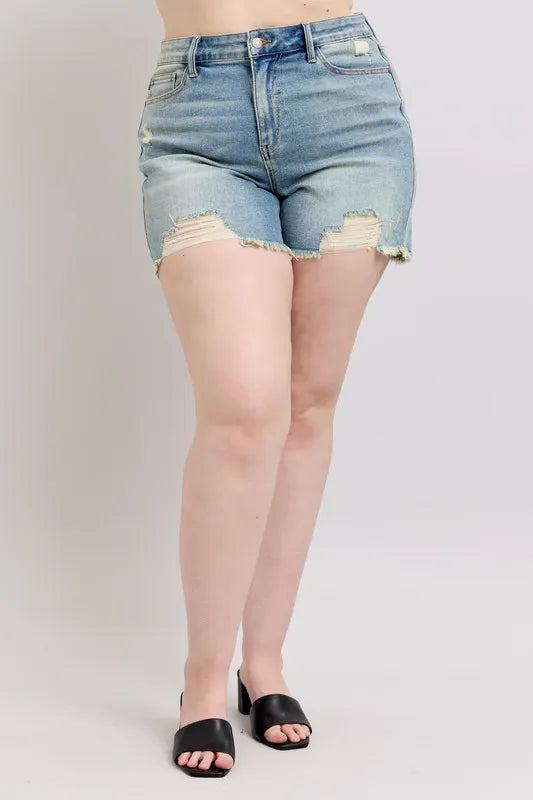 Judy Blue Full Size High Rise Washed Fly Stitch Detail and Destroy Denim Shorts Plus Size e2b12889-af8e-481f-b799-52b0e6b9c29e-Max-Origin