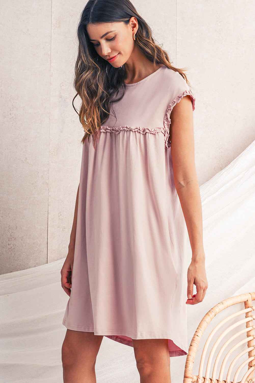 Mint Green Frilled Trim Crewneck Loose Fit Mini Dress e2b5b42996ab94d1