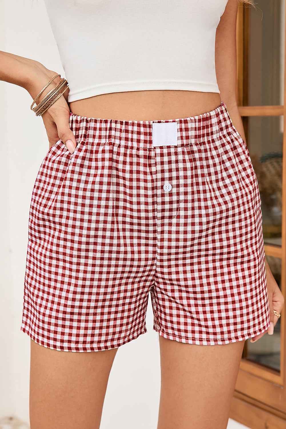 Red Vintage Plaid Print High Waisted Loose Wide Leg Shorts e2bf65eb7e170f0a