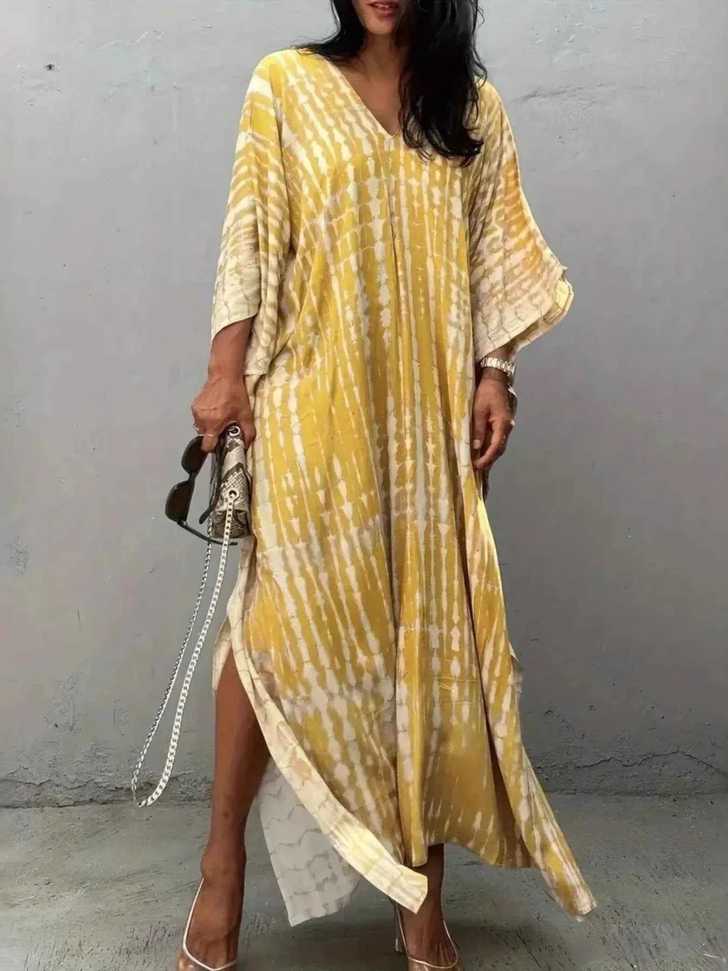 Tie-Dye V-Neck Maxi Dress with Flowy Sleeves Yellow One Size e2c85e6bf2c148ac8b43fb23ec5ea125-Max-Origin