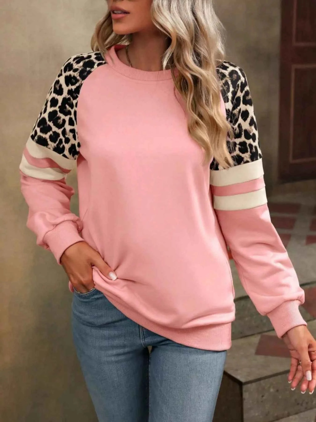 Leopard Round Neck Raglan Sleeve Sweatshirt e2e0f76da9734ed1b92f209862518a4d-Max-Origin