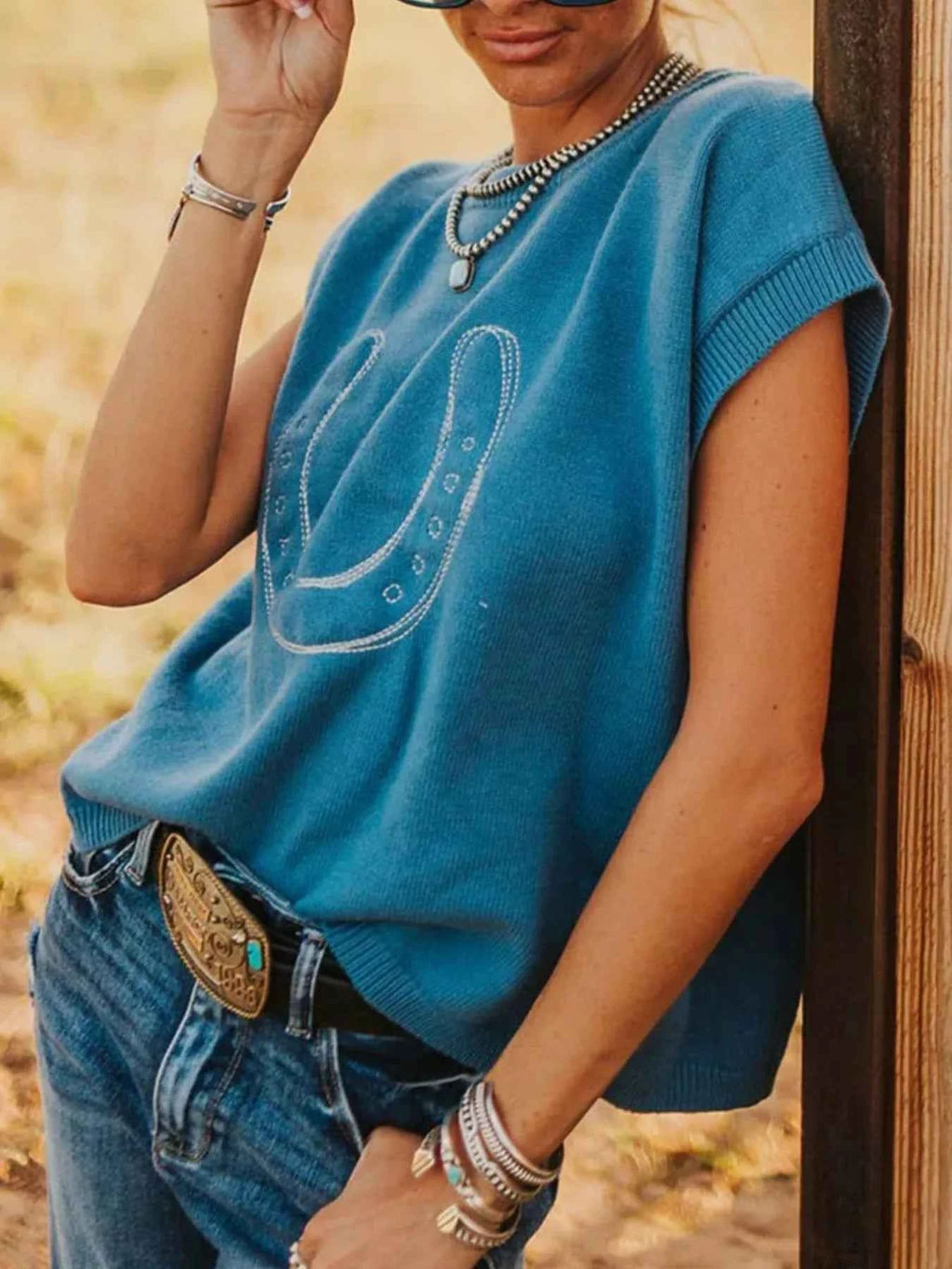 Horseshoe Graphic Round Neck Short Sleeve Sweater e2f23fbb-642e-456e-af47-f7bfe1e4f6d8-Max-Origin