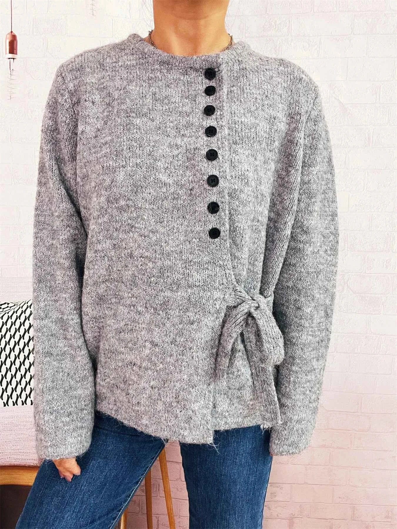 Button-Front Side-Tie Sweater Gray One Size e2f83d2d670c427399425463218ba4d4-Max-Origin