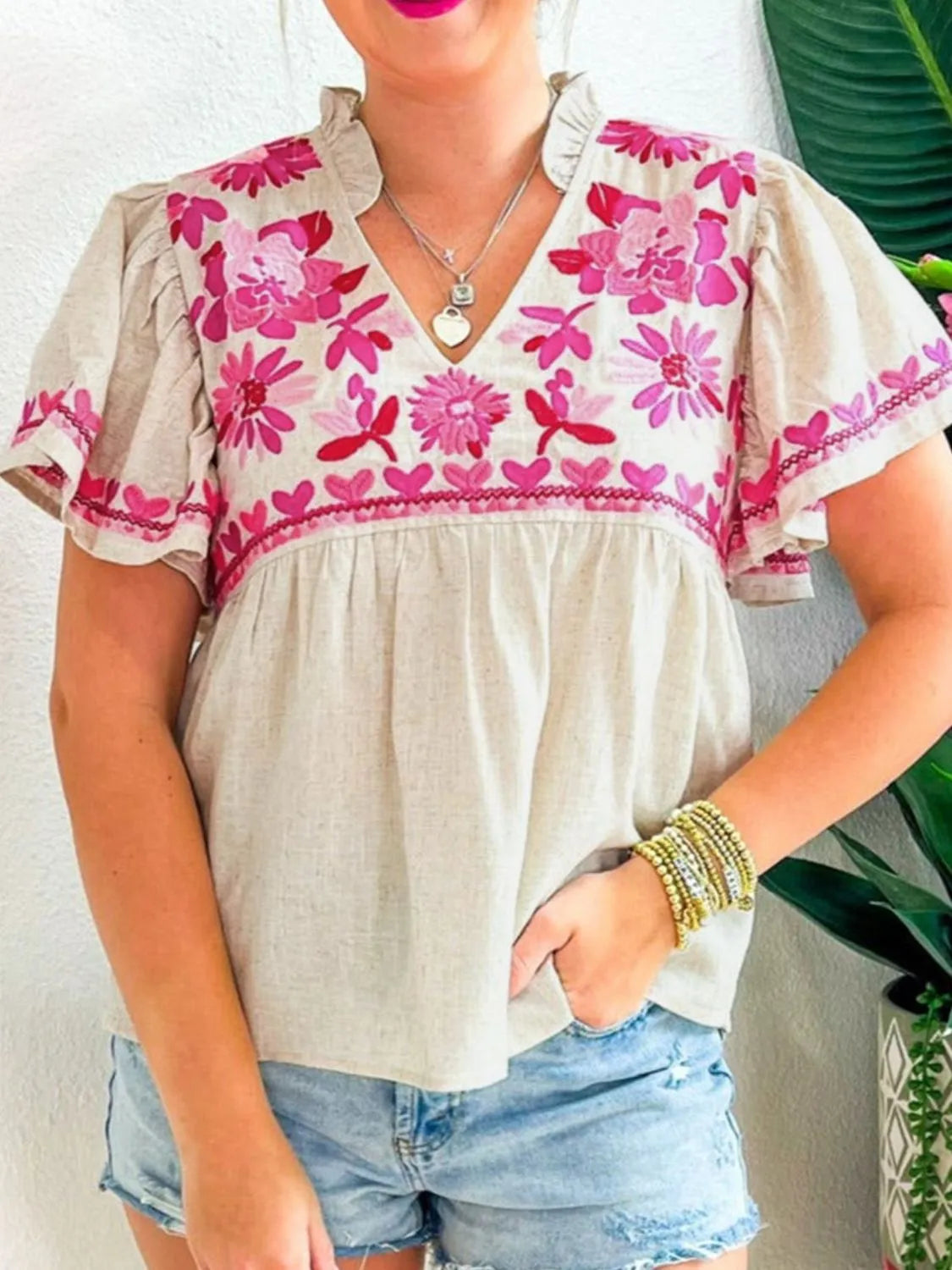 Floral Embroidered Short Sleeve Notched Blouse e2f99e56-4c3e-4ceb-ad76-2eec68c6fe14-Max-Origin