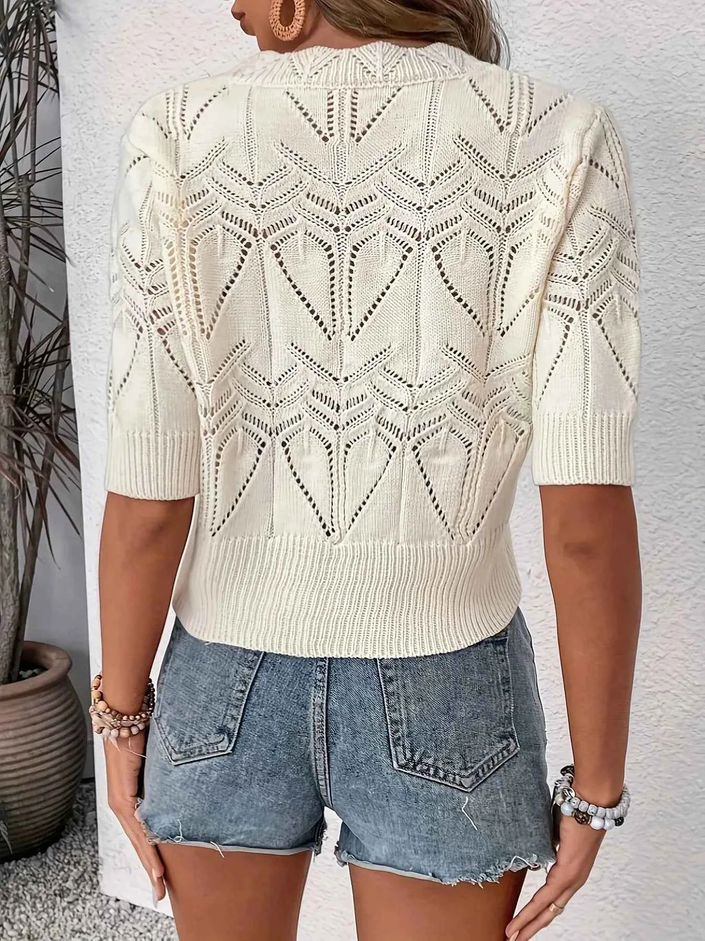Openwork Round Neck Half Sleeve Sweater e308aabc60714736adc0f1920a2ea703-Max-Origin