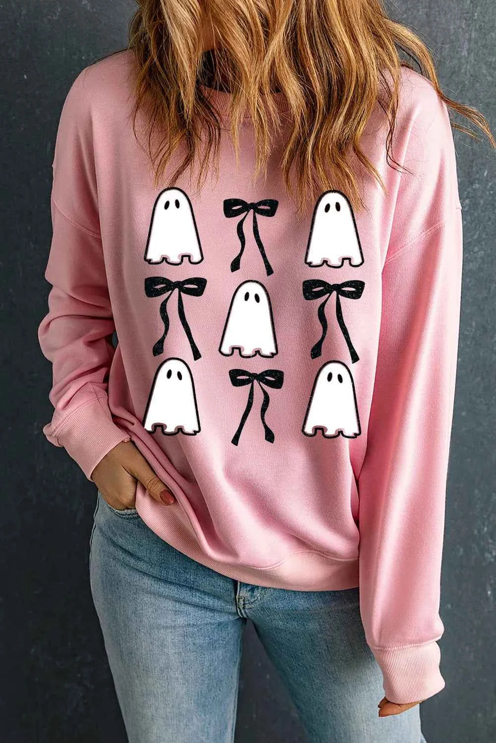 Ghost & Bow Round Neck Long Sleeve Sweatshirt Blush Pink e30eaf6f-36b4-4aea-90c5-07cc566fcd68-Max