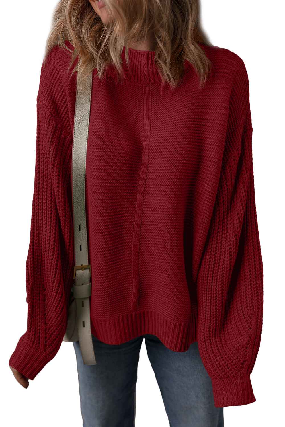 Red Dahlia Solid Color Front Seam Drop Shoulder Loose Sweater e3163f7b3d2f3fb3