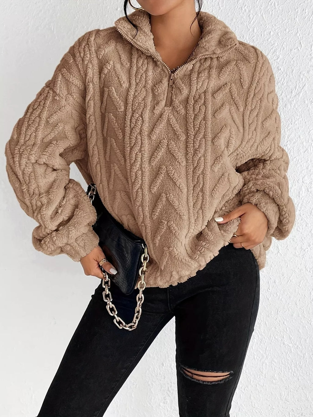 Quarter Zip Dropped Shoulder Sherpa Sweatshirt e32d270d7c5446d7b5055c1dab6221ce-Max-Origin
