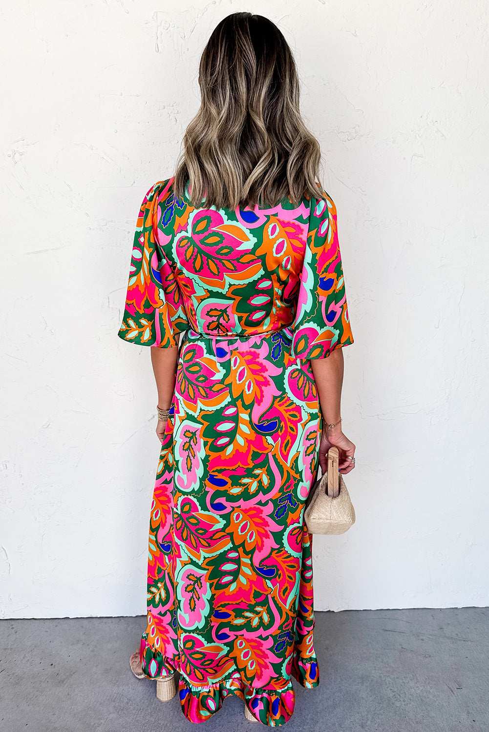 Rose Tropical Plant Print Surplice V Neck Ruffle Hem Maxi Dress e32f7d828270c538-_2