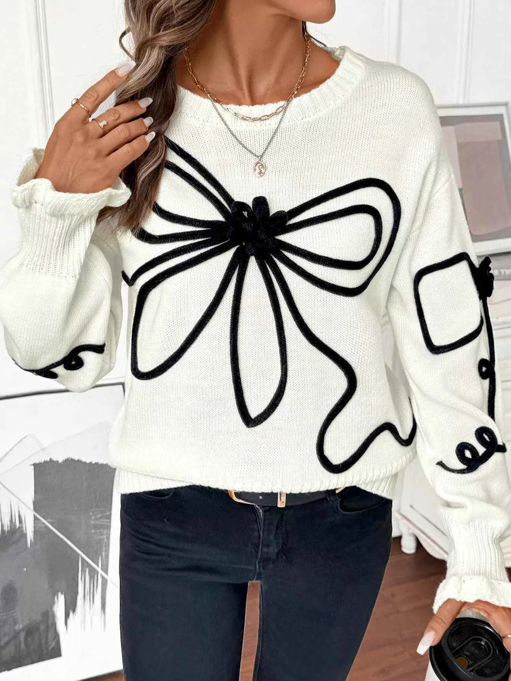 Bow Pattern Long Sleeve Sweater e3402e54214f42b0a2c9d617bacd2e66-Max-Origin