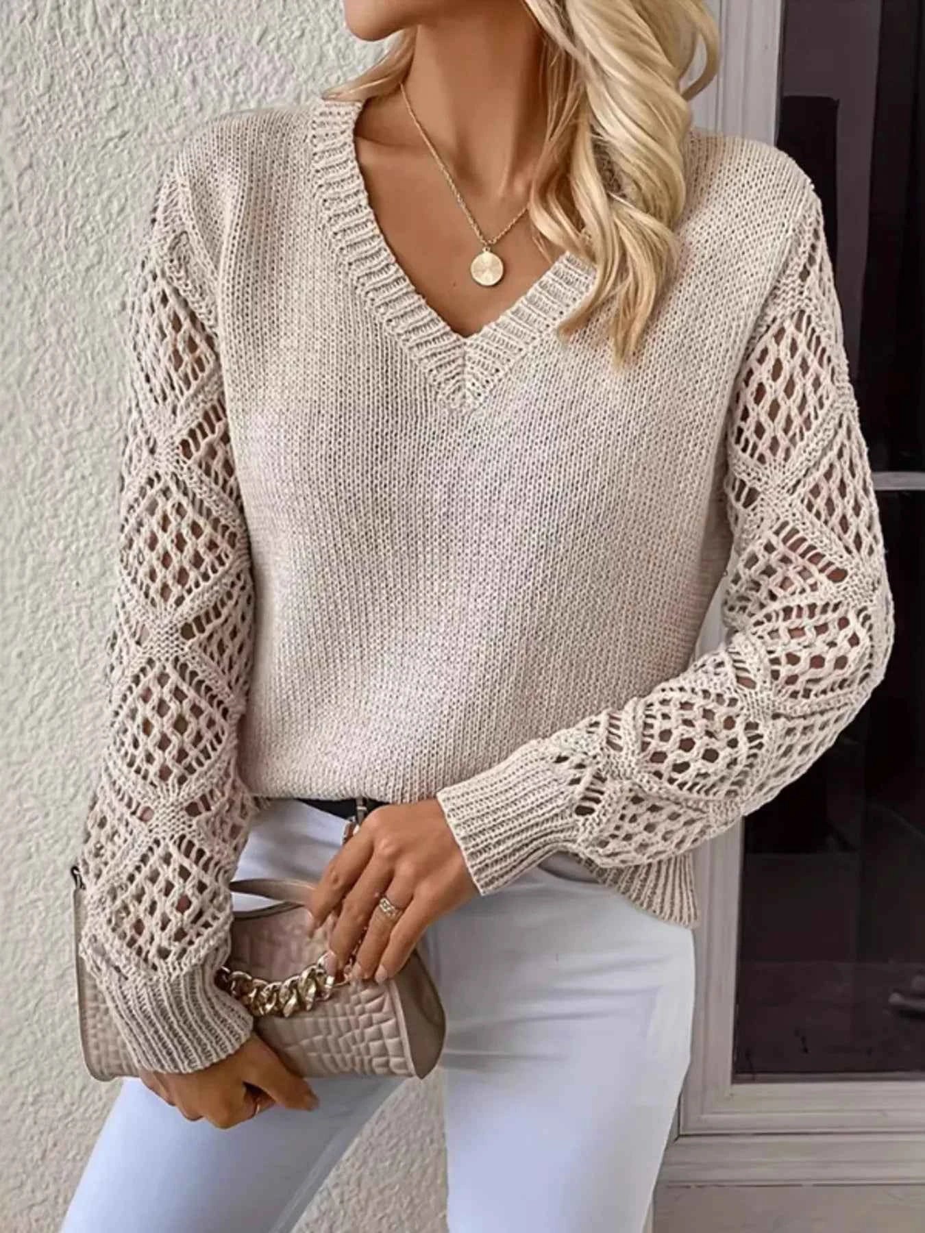 Openwork V-Neck Long Sleeve Sweater Beige e343e2901a6b40cd8b5098f817b9e1b3-Max-Origin