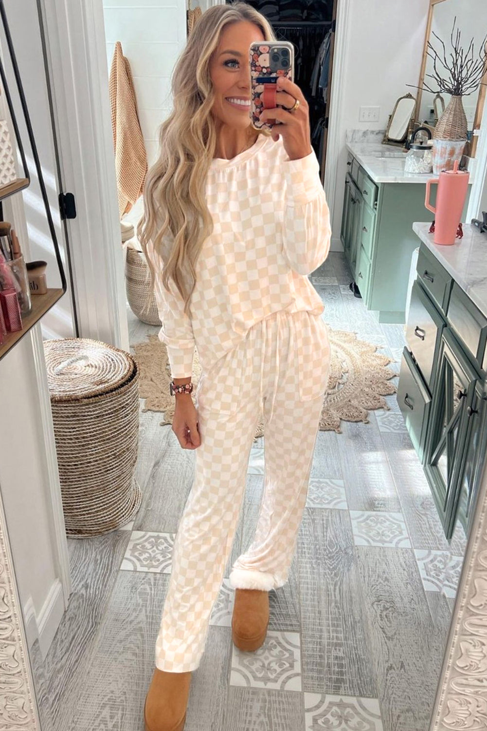 Beige Checkered Print Long Sleeve Loose Fit Pajama Set e34698cdc3ae6527