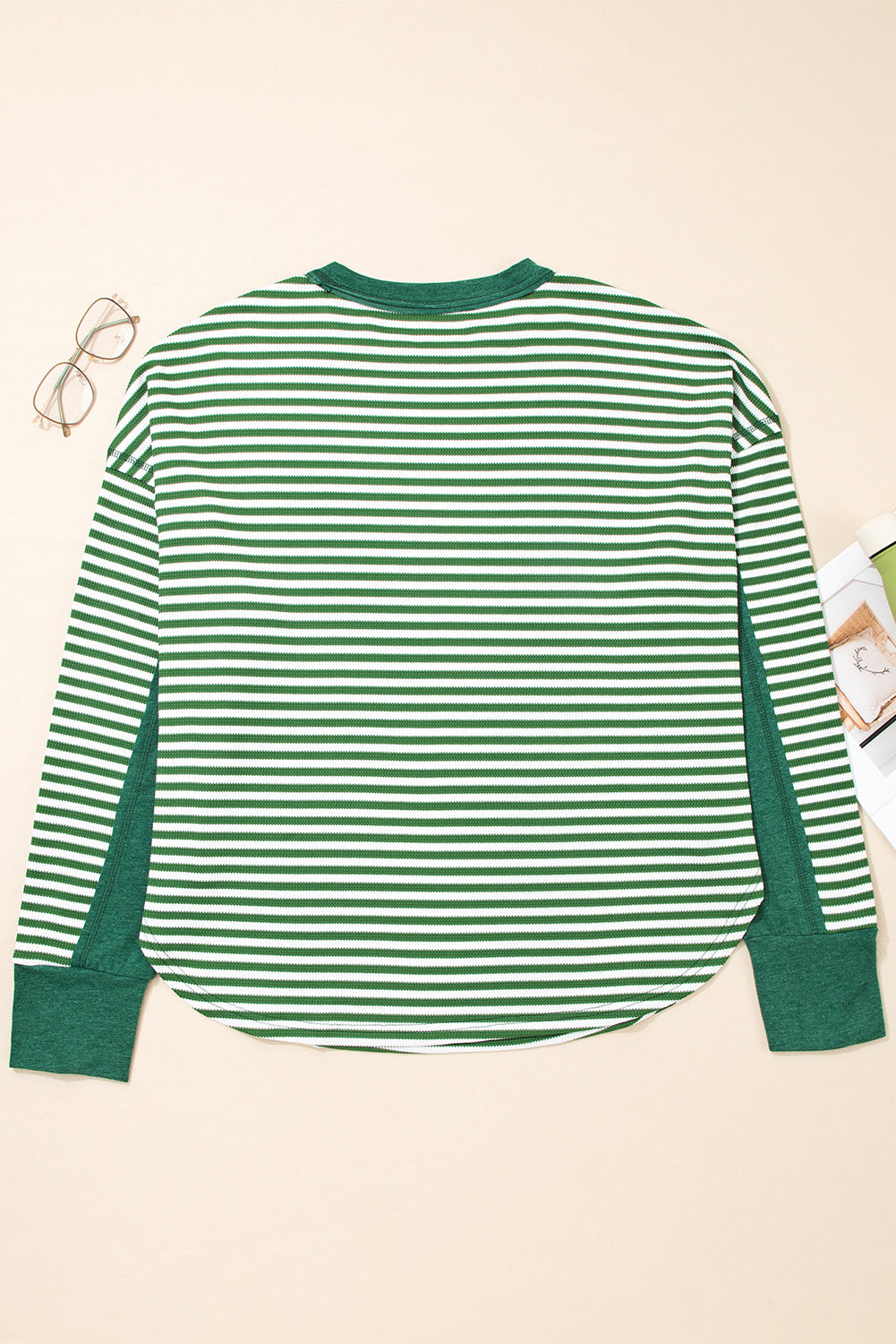 Green Stripe Exposed Seam Patchwork Plus Size Thermal Waffle Top e34e671f5c5a01f4