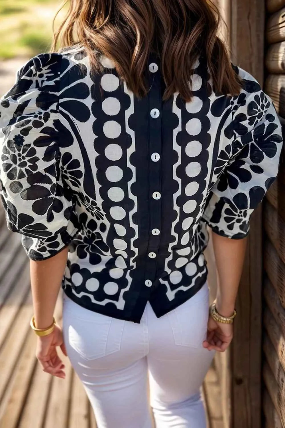 Printed Round Neck Half Sleeve Blouse e3578afb-add8-42ab-95df-1805f44f3659-Max