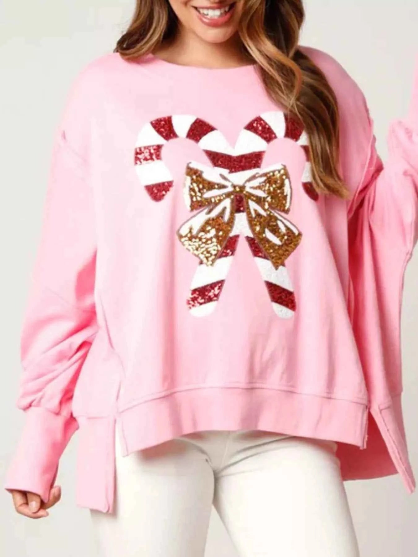 Christmas Candy Cane Bow Dropped Shoulder Sweatshirt Pink e365b5c4-fe60-4546-88a0-f1edda45f52a-Max-Origin