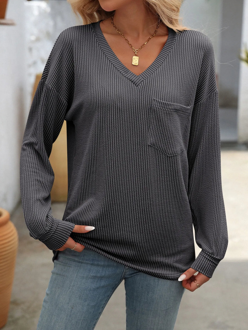 Ribbed V-Neck Long Sleeve T-Shirt e3777850-0dd8-4cc9-a501-8ceadc7046a8-Max-Origin