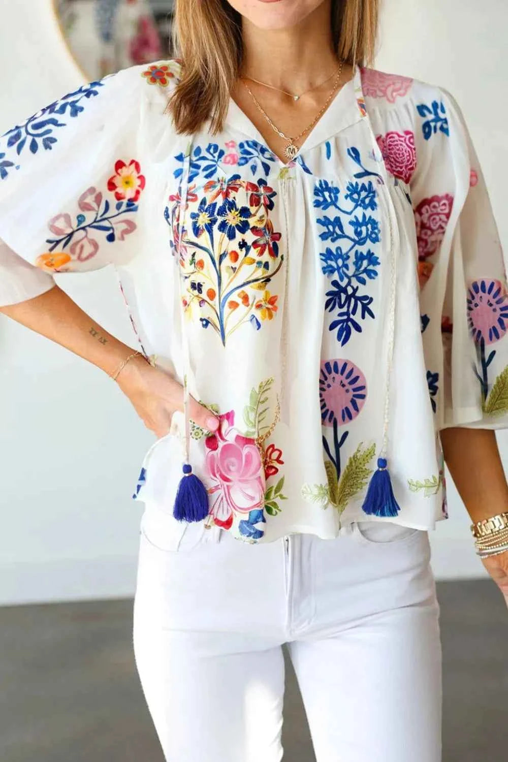 Printed Tie Neck 3/4 Sleeve Blouse White e385c092-213f-4248-a212-95dcee9a3c90-Max-Origin