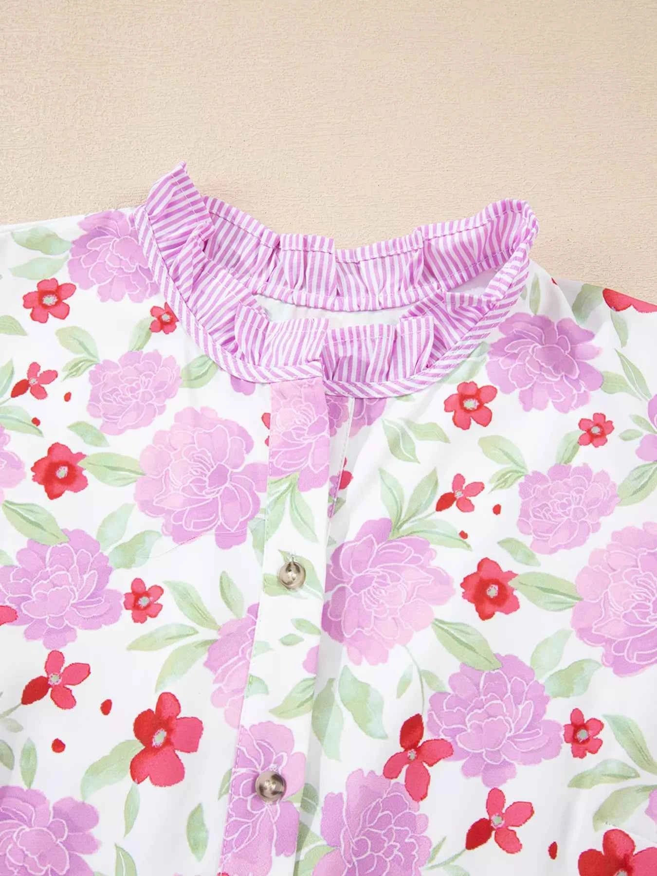 Floral Print Striped Trim Frilled Neck 3/4 Sleeve Flared Mini Dress e3a27b87020840edba450d9315a5c373-Max-Origin