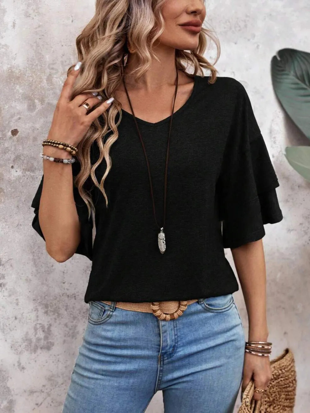 V-Neck Half Sleeve Blouse Black e3a5b574-98b3-45e5-9989-1dea55f7b3a0-Max