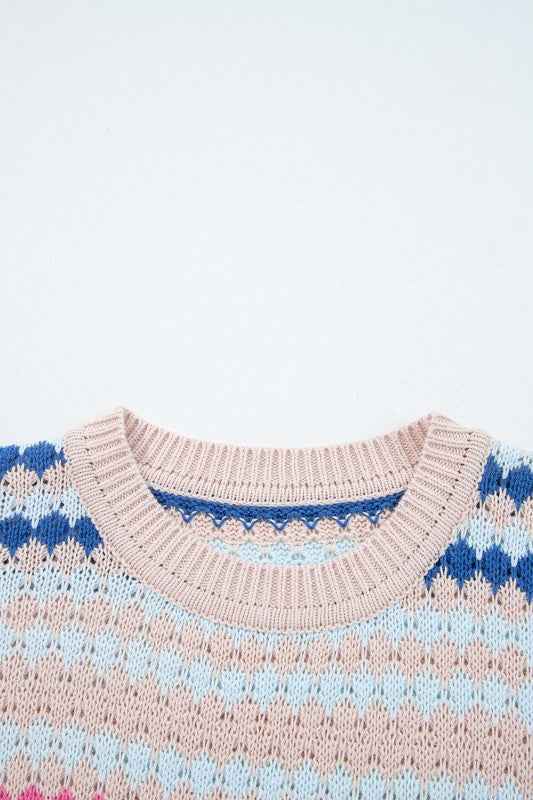 Stripe Eyelet Knit Drop Shoulder Sweater