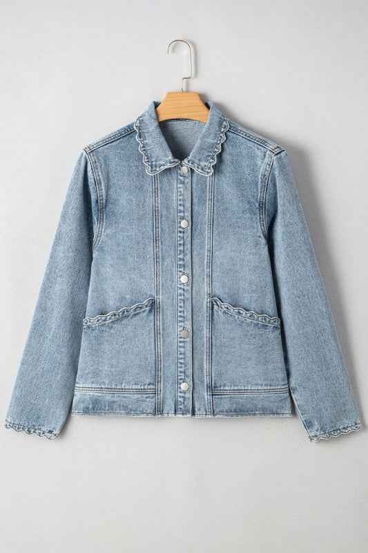 Solid Denim Scallop Collar Patch Pocket Buttoned J e3ce25fa-e515-4735-b7bb-b5a2bf3aaff6