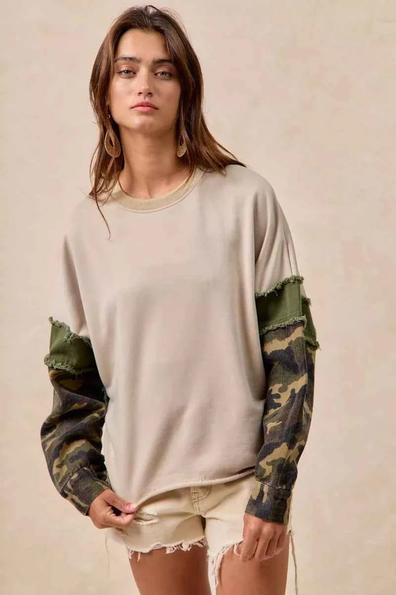 BiBi Camo Sleeve French Terry Top with Frayed Edge e3d5dadab18e444ea33c378e8c593829-Max-Origin