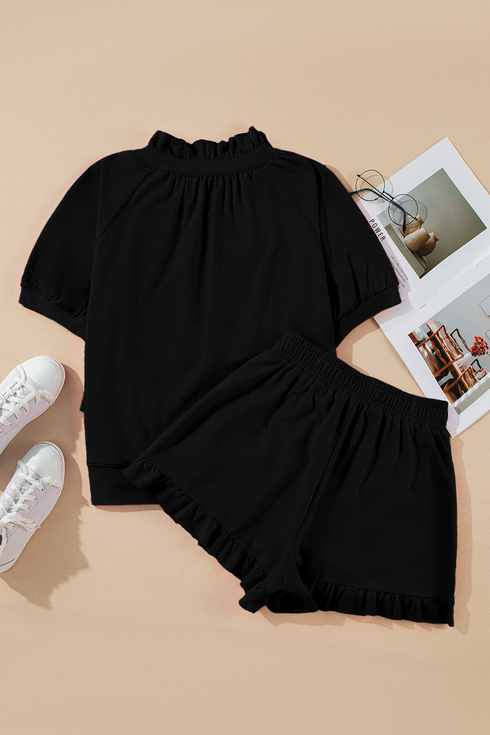 Sea Green Half Zip Puff Sleeve Top and Ruffle Shorts Set e3ee693af7cc771f