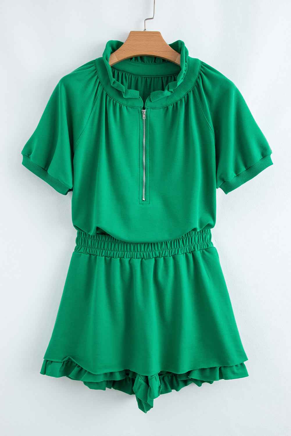 Sea Green Half Zip Puff Sleeve Top and Ruffle Shorts Set e3fe4f9fb1722b24