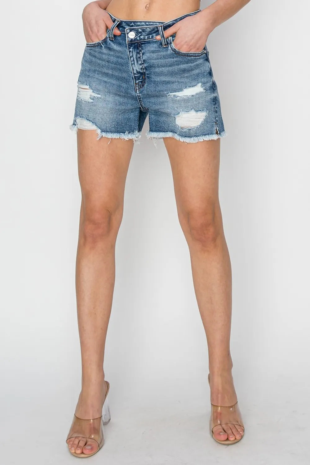 RISEN Stepped Waist Frayed Denim Shorts e403ff89-d278-4115-8a15-ae2c00a07b28-Max