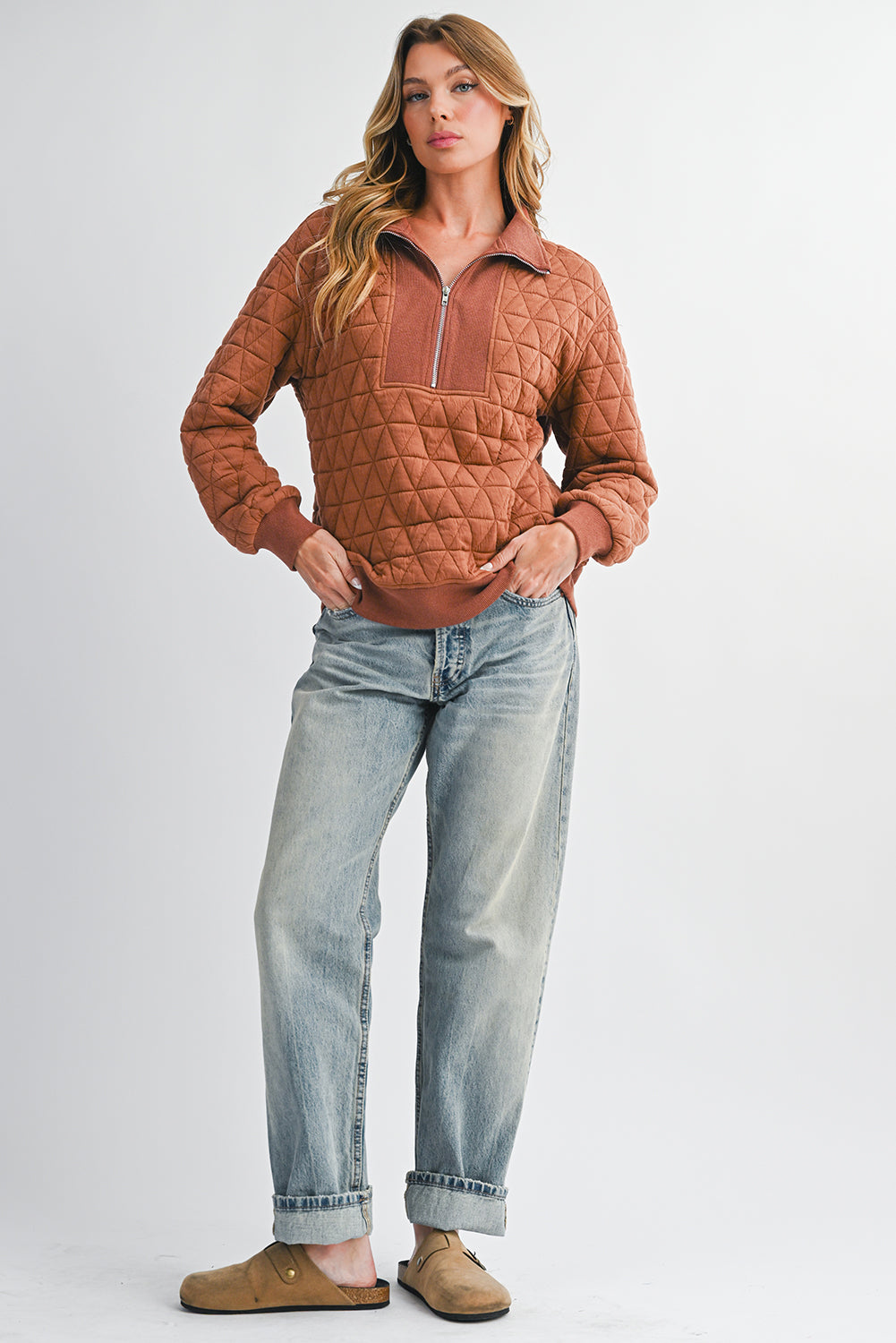 Straw Yellow Textured Zipper Neck Long Sleeve Pullover Sweatshirt e406b3f2d4536fcf