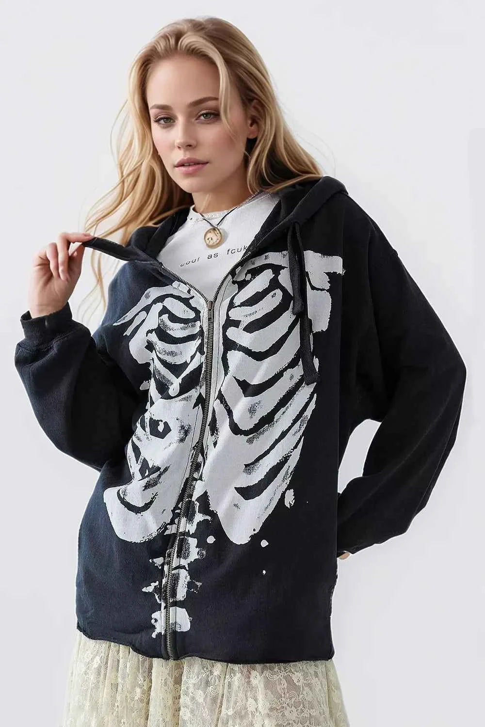 Skeleton Zip Up Drawstring Hoodie e4165bd7-eae1-4438-ae33-82665b66d3ce-Max