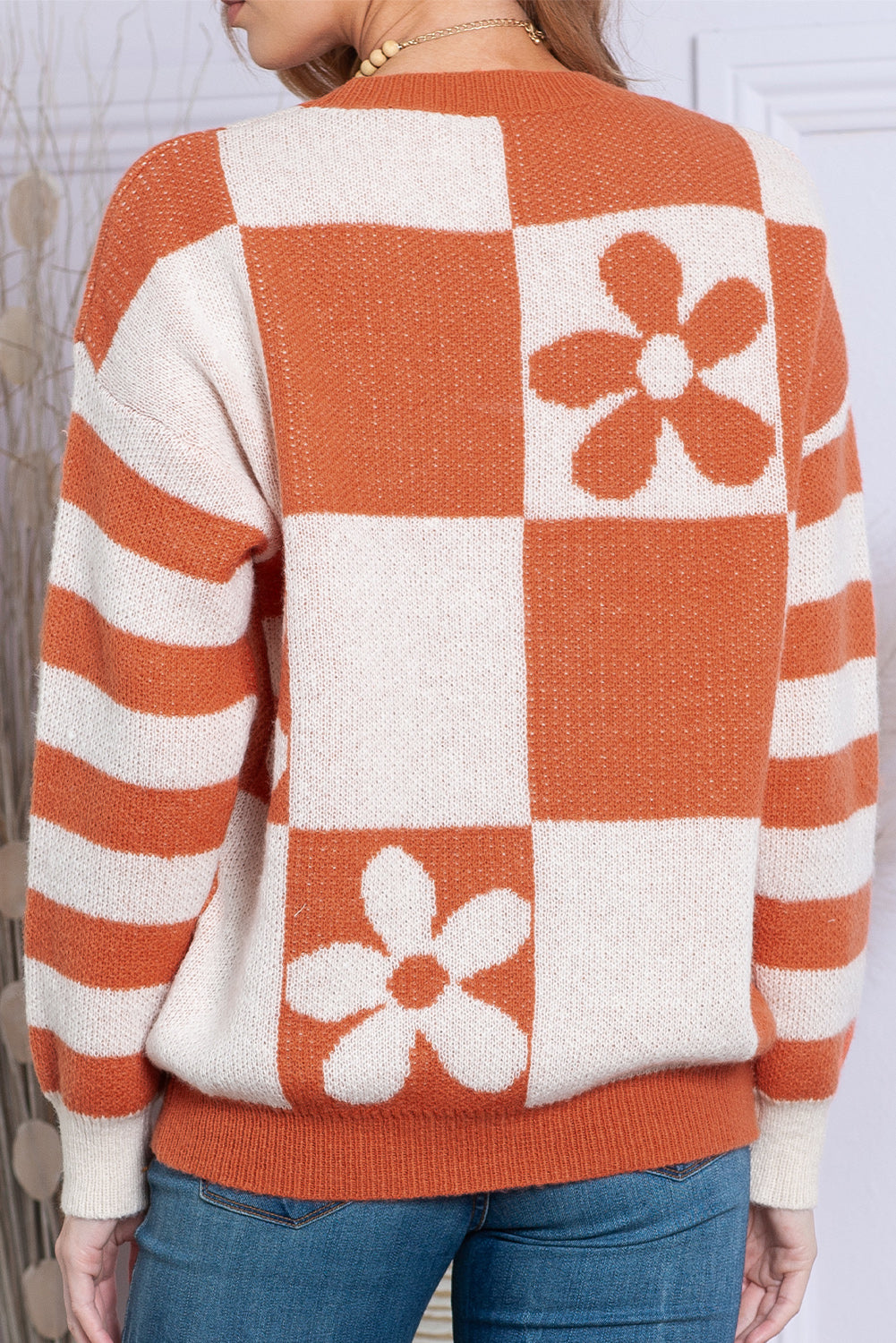 Brown 60s Floral Checkered and Striped Knitted Pullover Sweater e4459a22aff14f65