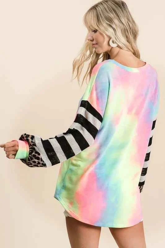 BiBi Tie Dye V Neck Top with Stripe Puff Sleeves e46b0a81322a45abb4067a5337f7c7f6-Max-Origin