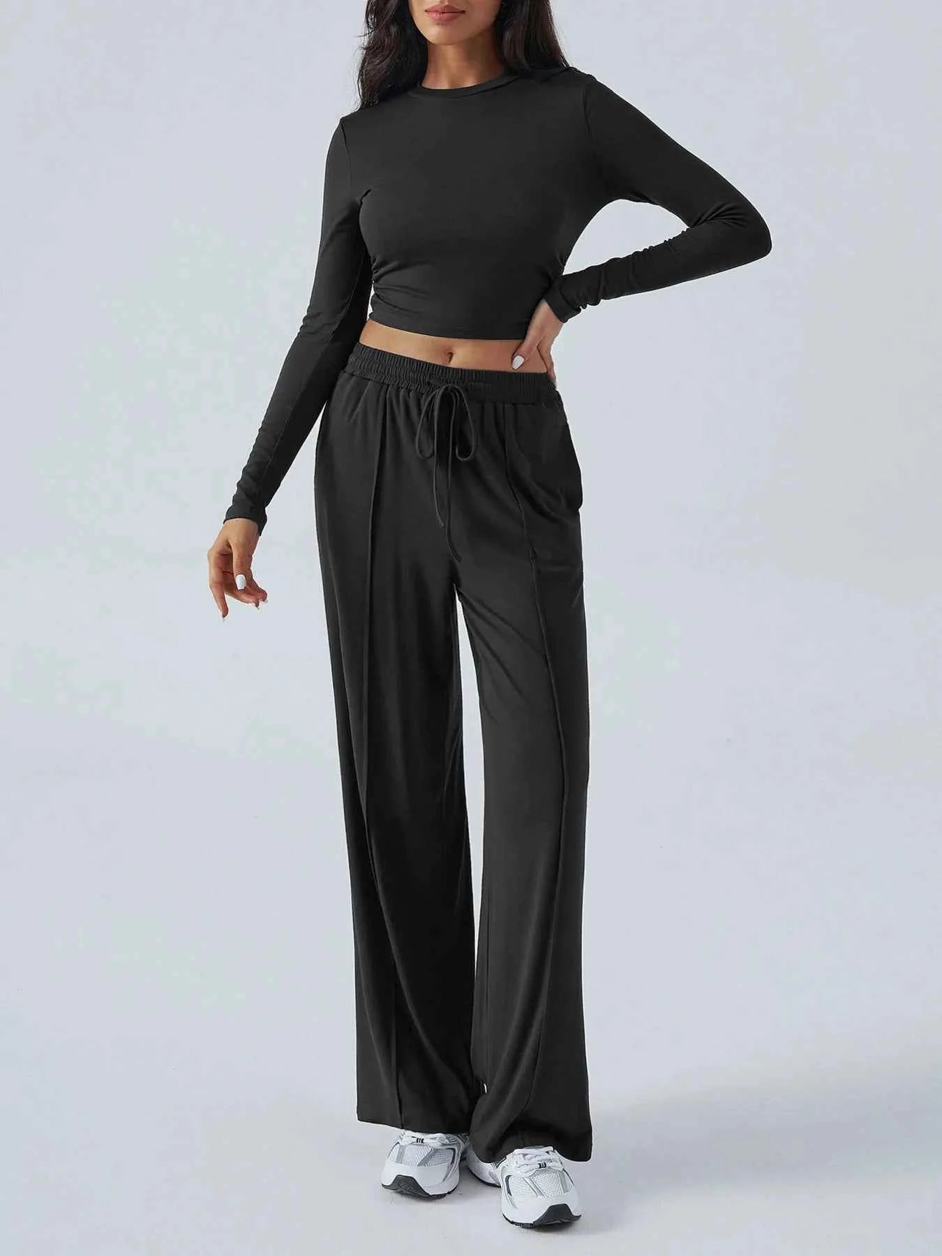 Round Neck Long Sleeve Top and Pants Set Black e484e3f2dff549cdbf63b11b2c63114a-Max-Origin