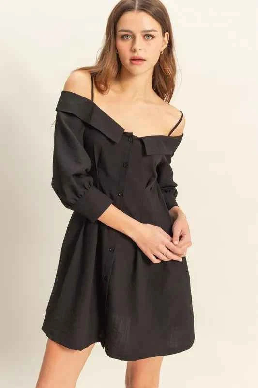 HYFVE Button Down Spaghetti Strap Mini Dress with Pockets Black e48a1292-5b39-4295-845f-7df9bc9c82f4-Max