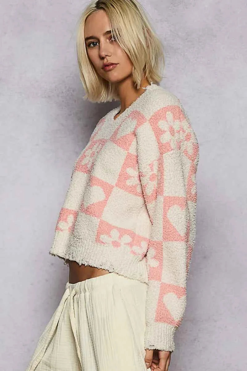 POL V-Neck Heart Pattern Checkered Sweater e49ad417-6dac-4ffa-ad55-bc0f06f7fdf2-Max-Origin