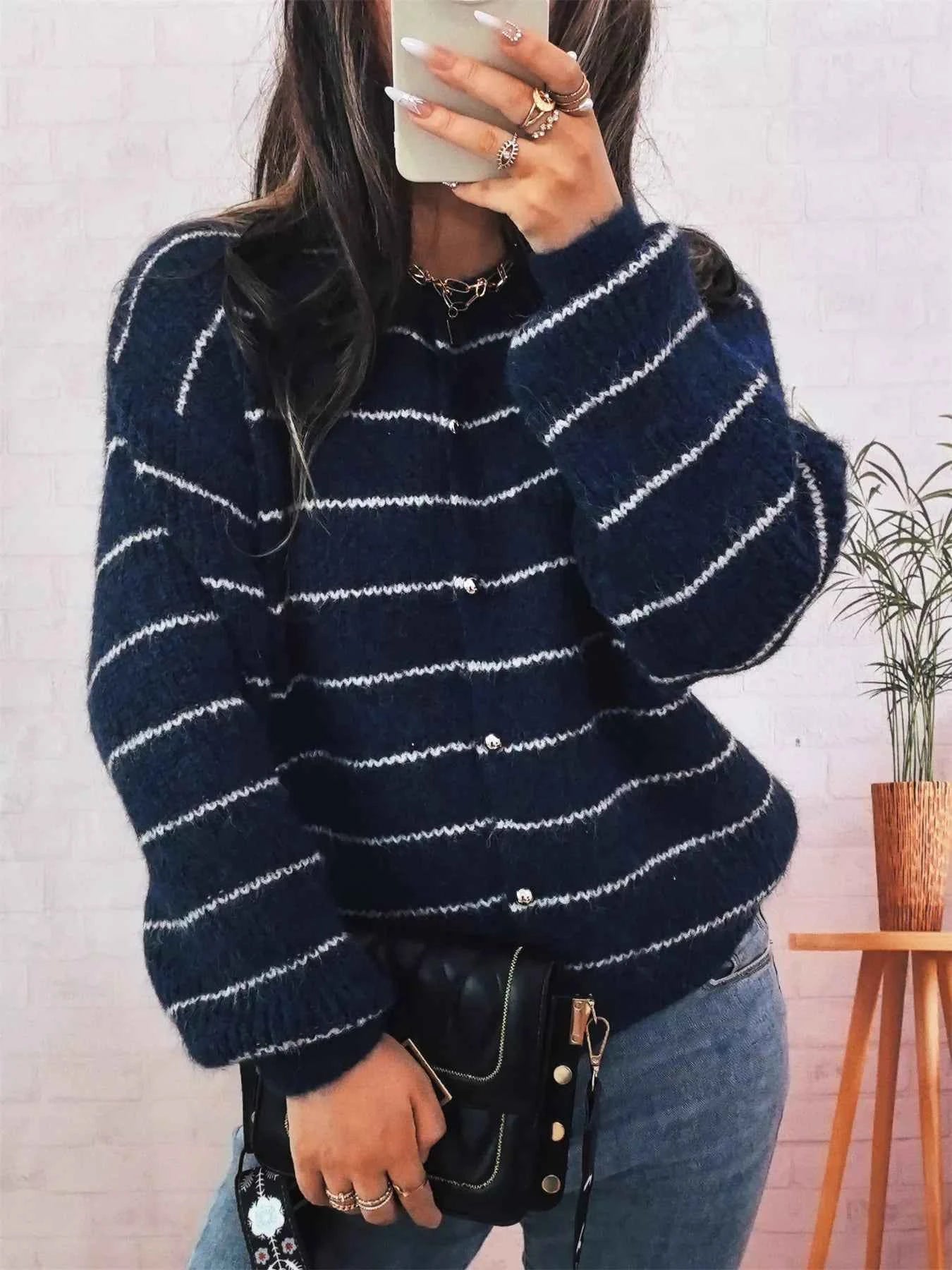 Striped Button Up Long Sleeve Cardigan Dark Navy One Size e49cb7f5a5a042acad445bc0cb5b5da3-Max-Origin