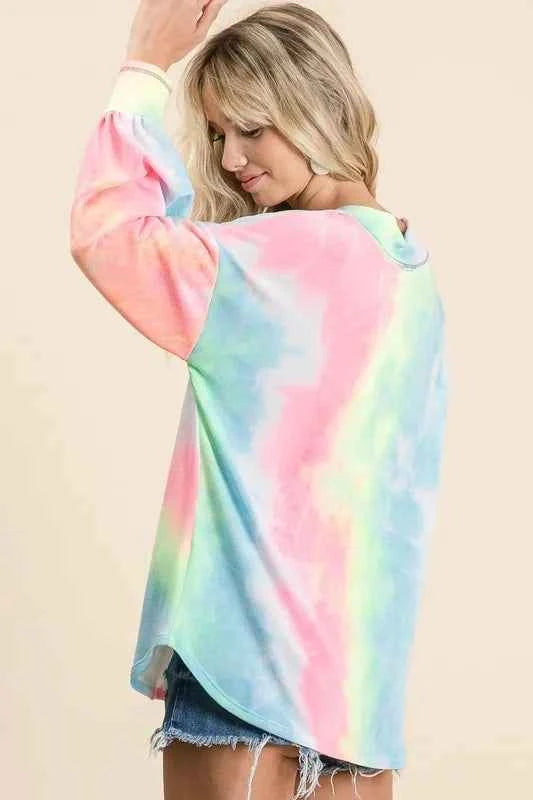 BiBi Tie Dye French Terry V-Neck Top with Puff Sleeves e49d554573914ae7840b17b2de94f862-Max-Origin